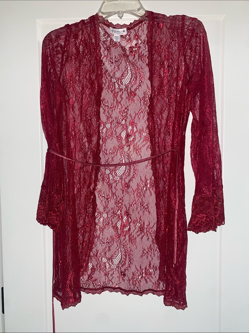 Never worn Sheer Lace Robe in Deep Wine - Elegant Long Sleeve Cover-Up